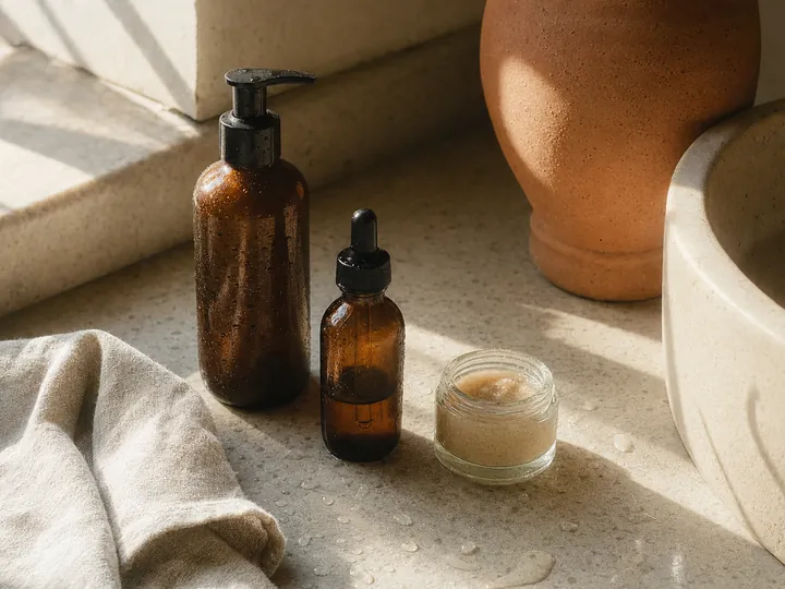 A few simple skincare bottles and a folded linen cloth on a sunlit bathroom counter